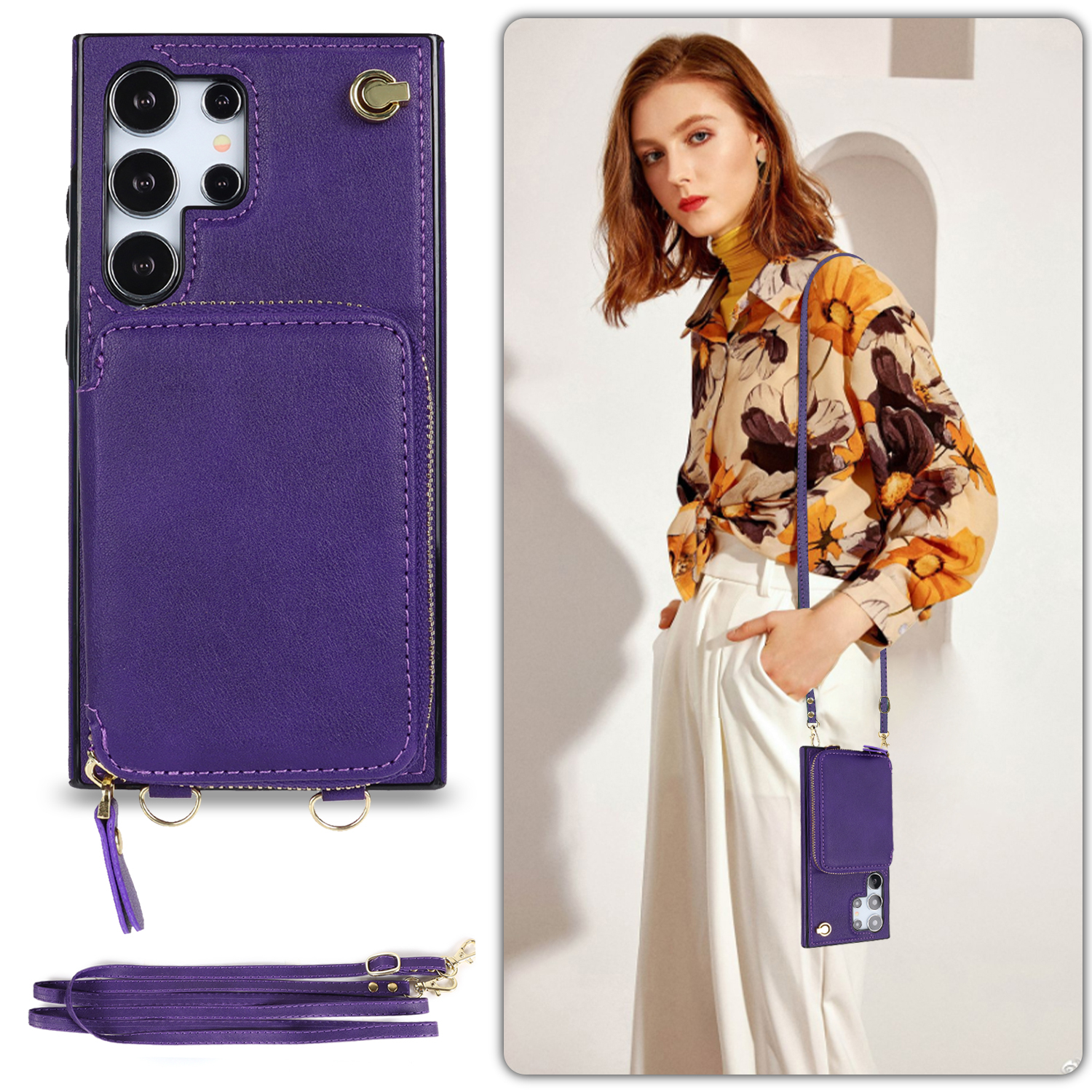 Samsung Galaxy S25 Ultra Necklace Leder Schutz Hülle mit Kartenfächer   Handykette (140cm) - Violett