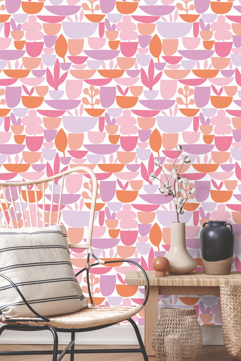 ESTAhome Behang Keramiek en Planten Roze, Paars en Oranje - 50 x 900 cm - 131075