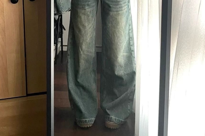 Jerolenea - Mid Waist Washed Wide Leg Jeans