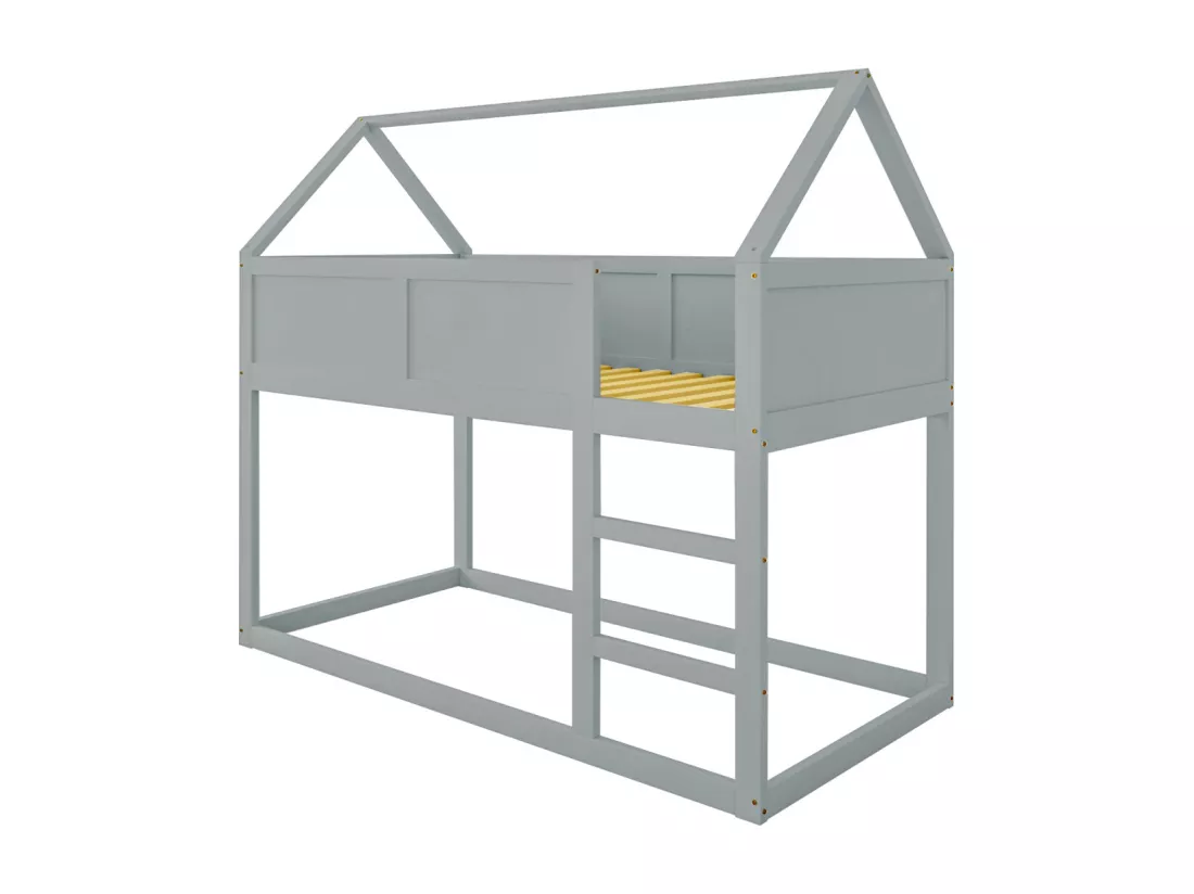 Lit superposé 90x200cm, lit cabane enfant avec escalier et 1x sommier à lattes en haut, cadre en bois massif, gris bois