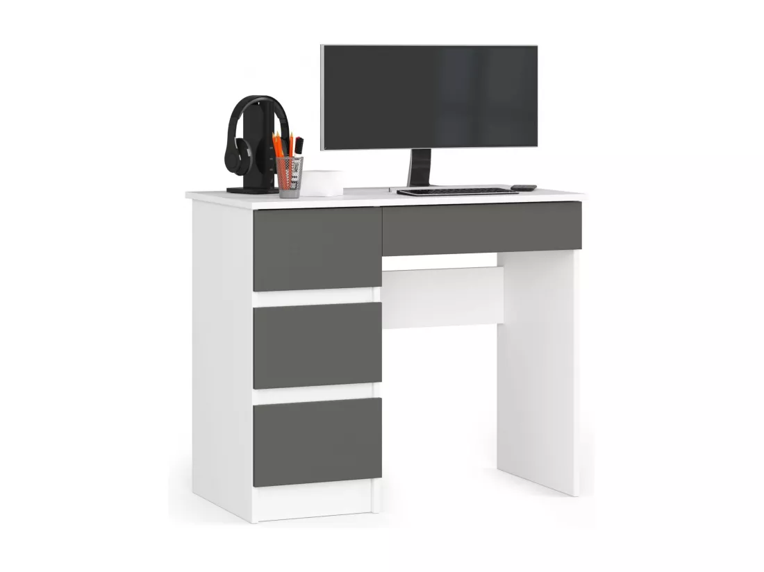 Bureau d'ordinateur AKORD gauche A7 Blanc 90 cm 4 tiroirs façade Gris Graphite 90x50x77 cm