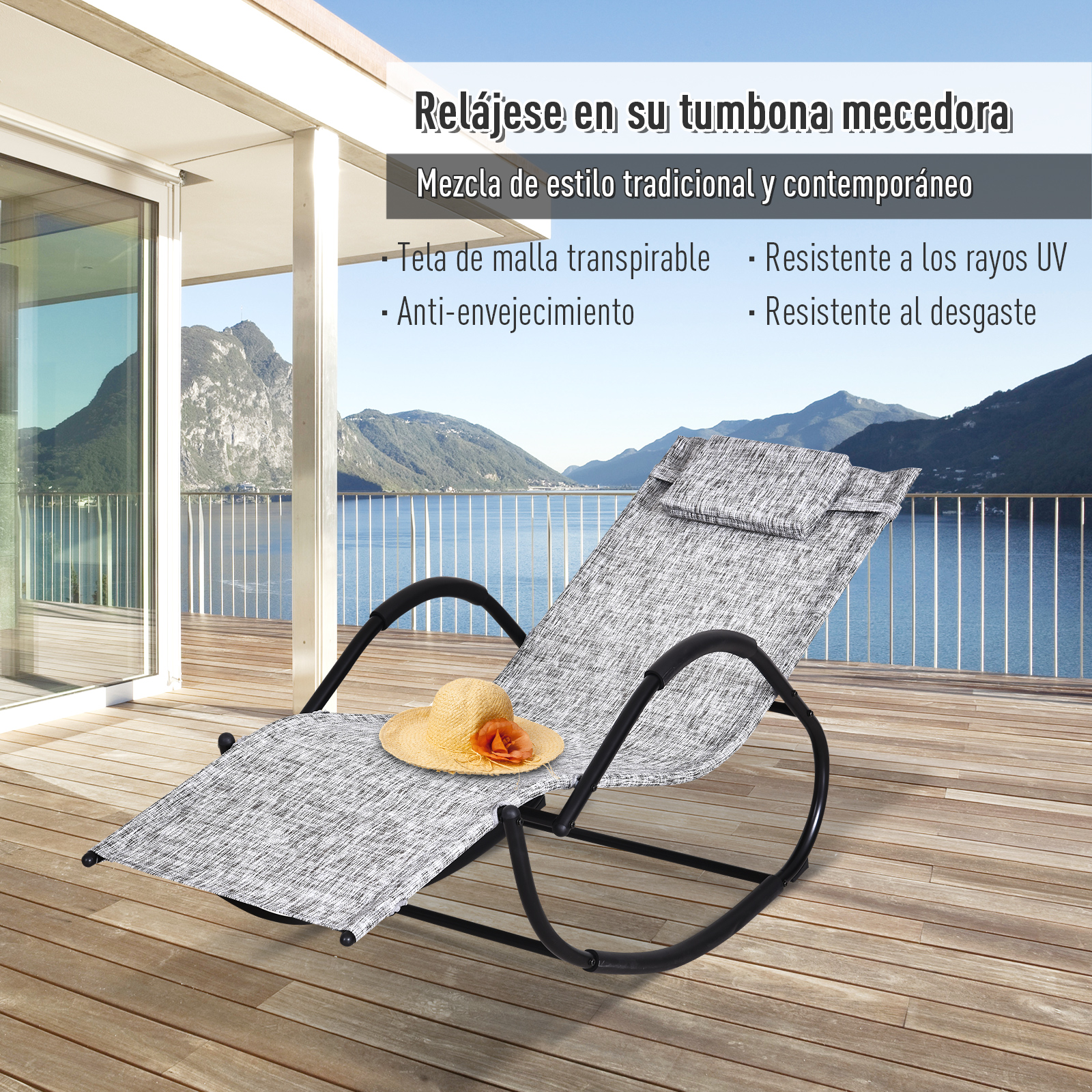 Conjunto de 2 cadeiras de balanço para exterior Outsunny, espreguiçadeiras com encosto de cabeça, apoios de braço e estrutura metálica, capacidade de carga de 160 kg para jardim e terraço, 160x61x79 cm, cinza