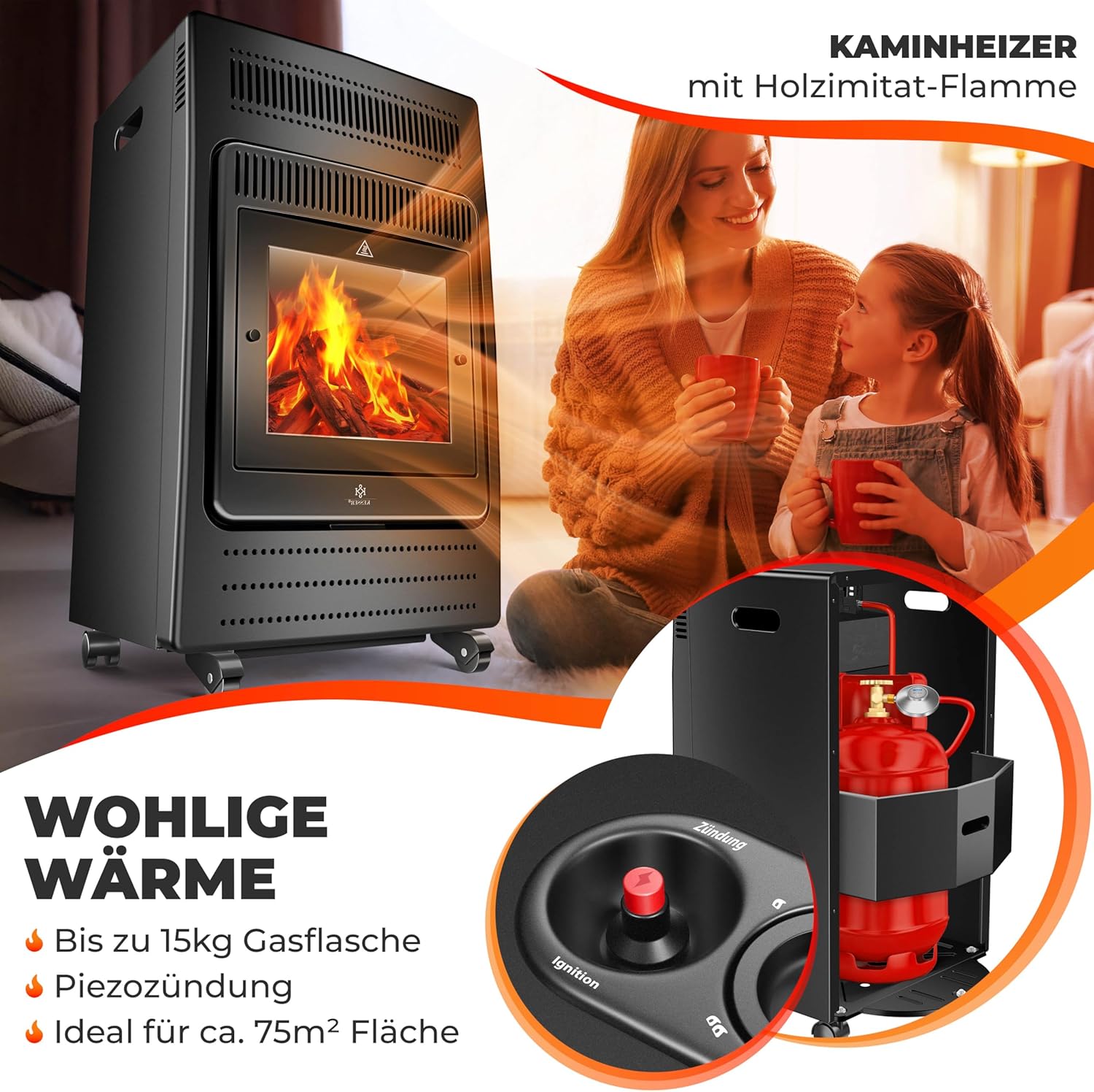 KESSER® Gasheizer Gasheizofen Heizstrahler 3,4 kW Gas Kamin inkl. Gasdruckregler & Gasschlauch, 2 Heizstufen Infrarot 3400W Gasheizstrahler Gasheizung Butan- oder Propangasflaschen bis 11kg Schwarz