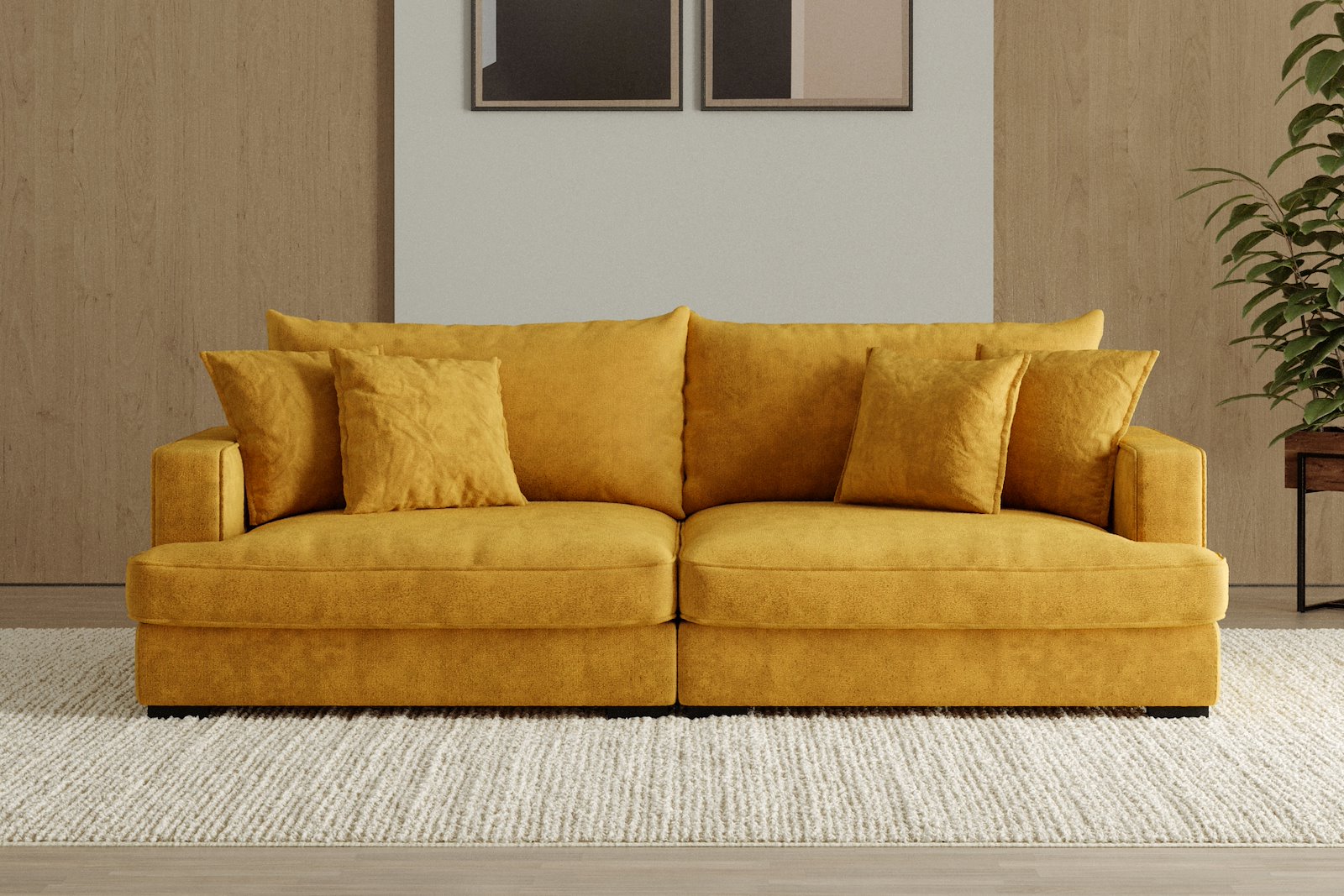 Rossi Lux 3-seter sofa Tekstil Genesis 10 Golden Yellow, arm A med sorte ben. Lux Komfort.