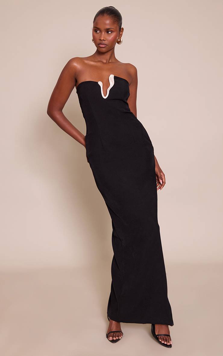 Noir Robe Longue Moulante Bandeau À Détails Contrastés