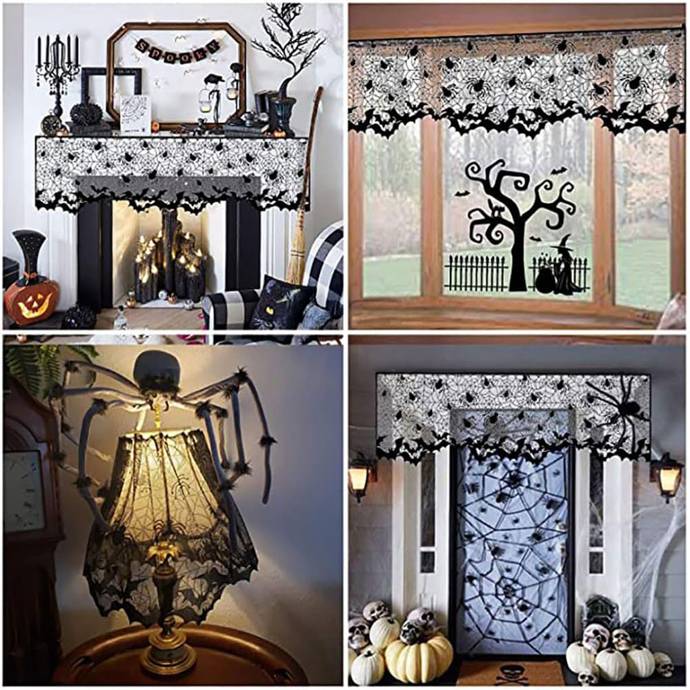 (146x50cm) Spinnen Netz Tuch Gardine Halloween Türvorhang Deko Lampenschirm Rock Kaminschal - Spinne / Fledermaus