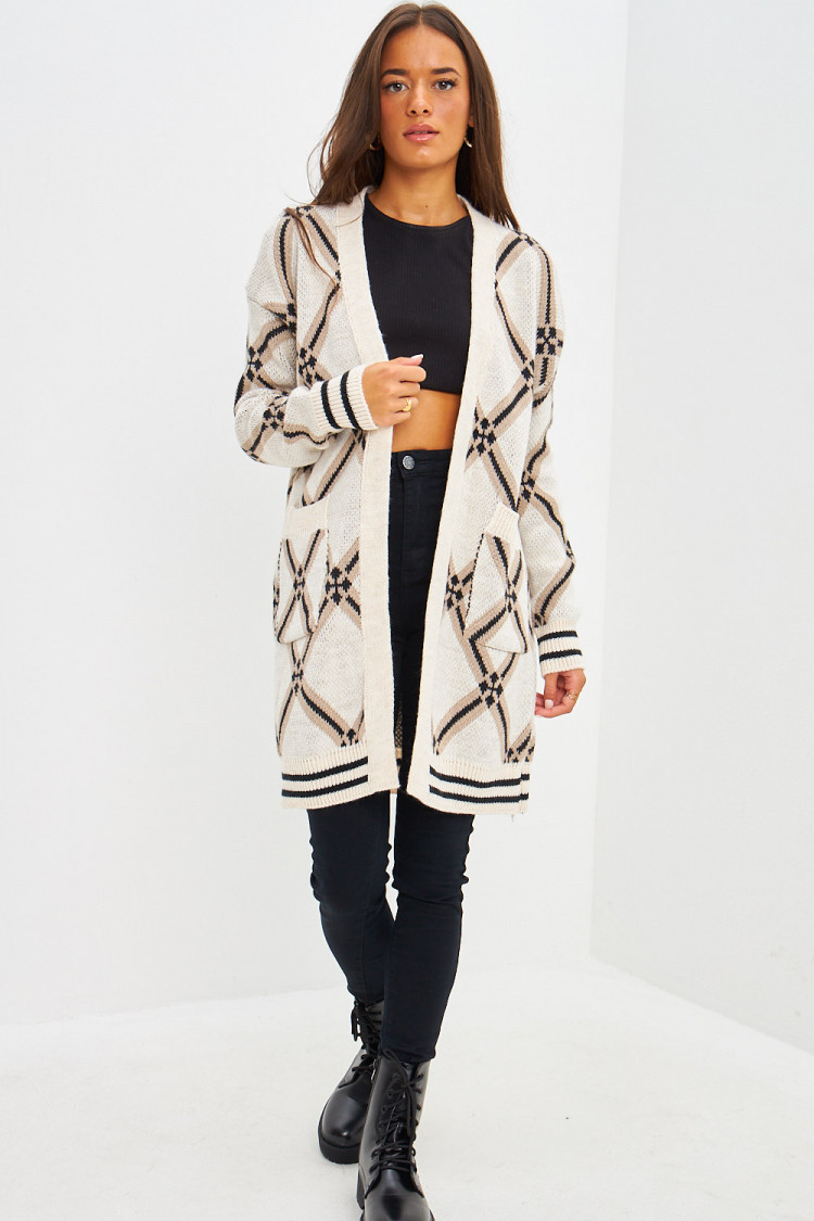 Gilet mi-long en mailles à motif losange beige