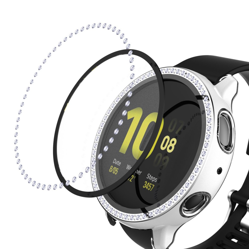 Samsung Galaxy Watch Active 2 (44mm) Galvanisierte Glitzer Strass Bumper Hülle   Display Schutzglas - Weiss / Silber