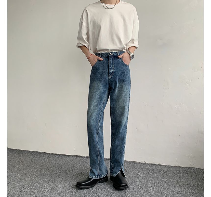 Freehop - Hoge taille, gewassen rechte jeans met zijsplit