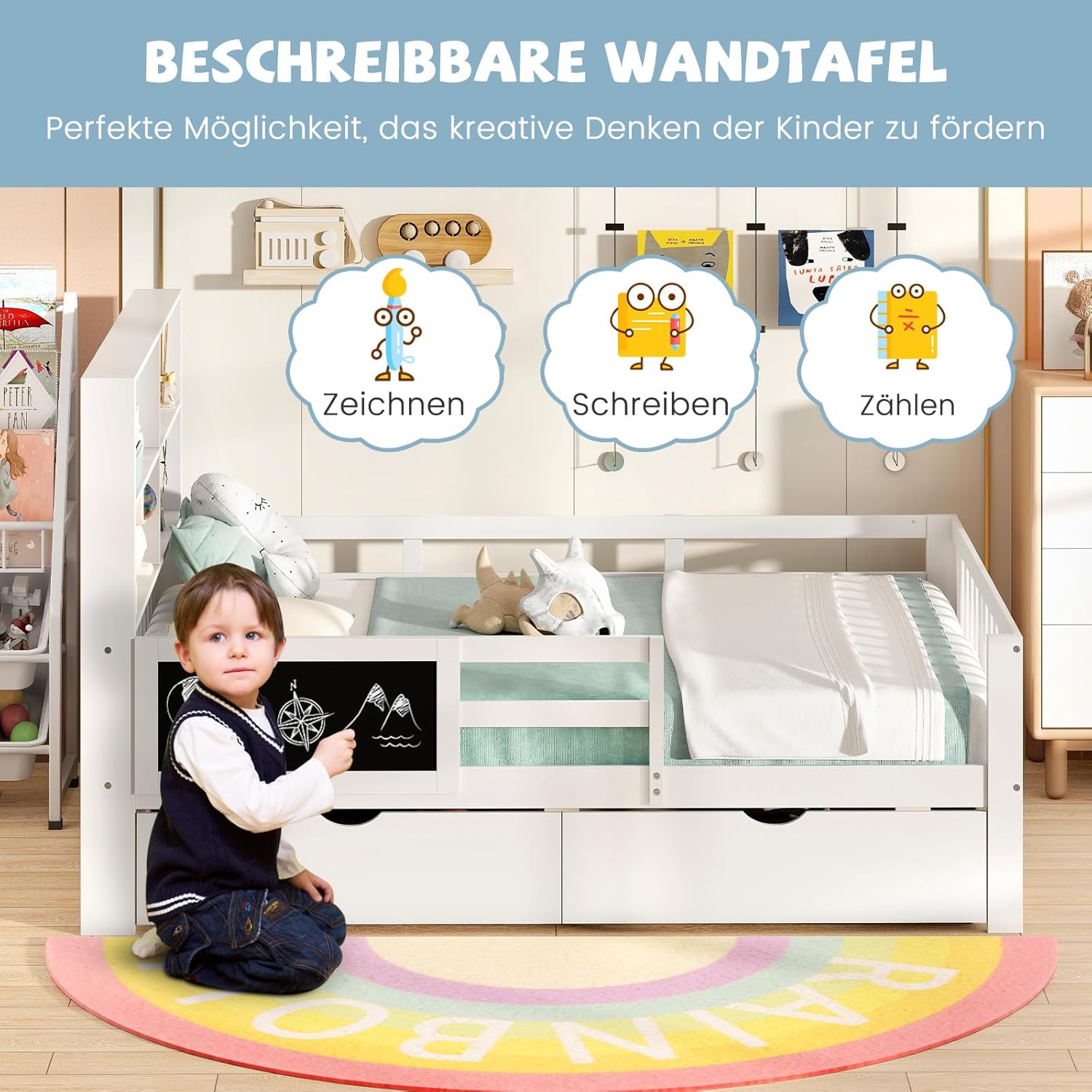 COSTWAY 140 x 200 cm Kinderbett mit Rausfallschutz & Zeichenbrett, Jugendbett mit 2 Schubladen, Bücherregal & Lattenrost, Holzbett weiß, Doppelbett für Jungen und Mädchen
