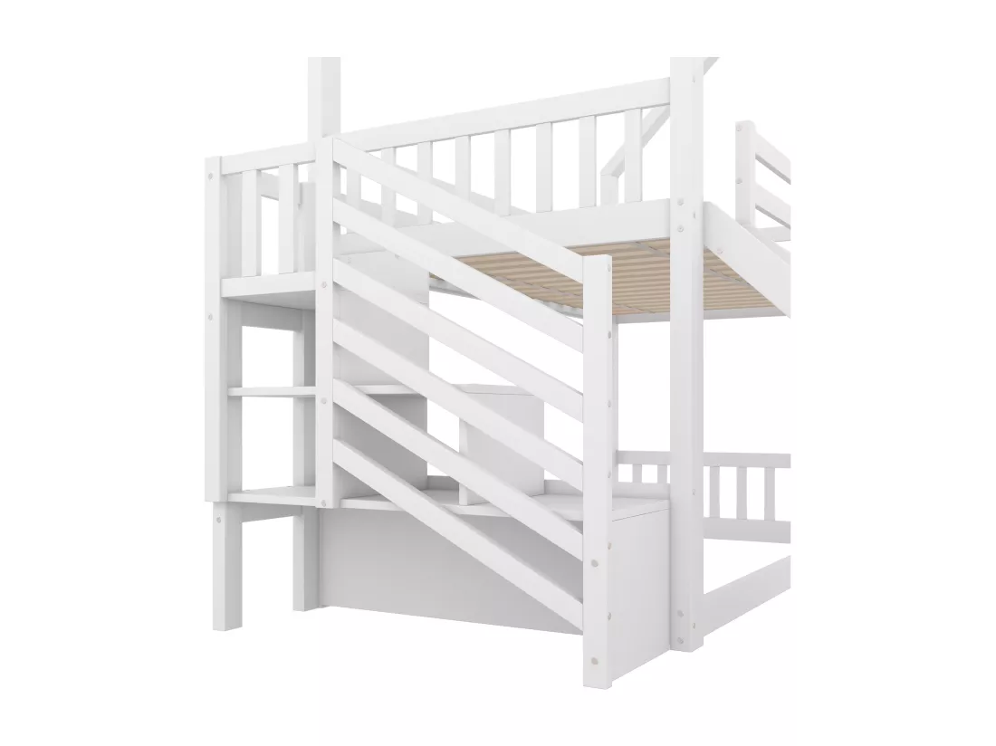 Lit superposé 90x200cm en bois - avec barrières + escalier de rangement + toboggan - Blanc