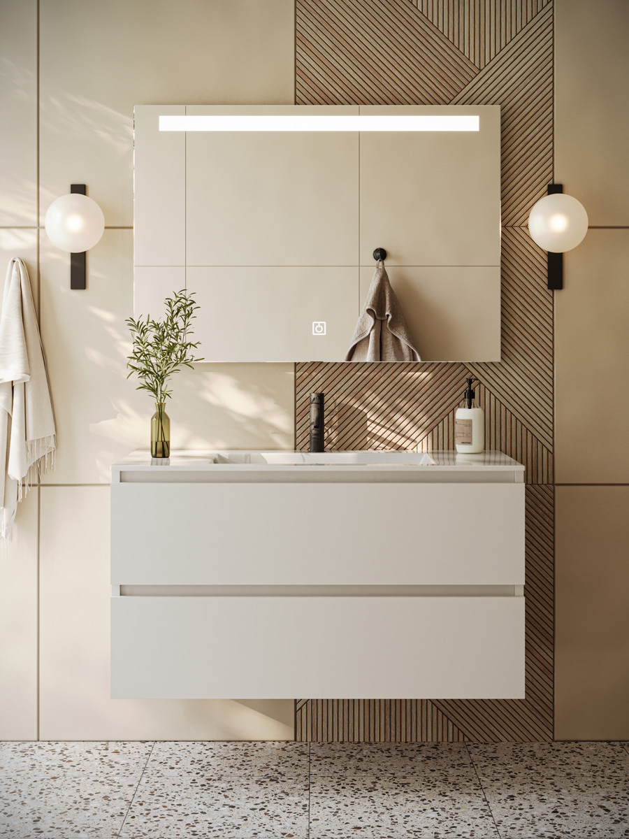 Fontana Rovigo badmeubel 100cm wit mat met witte wastafel met kraangat en spiegel met verlichting