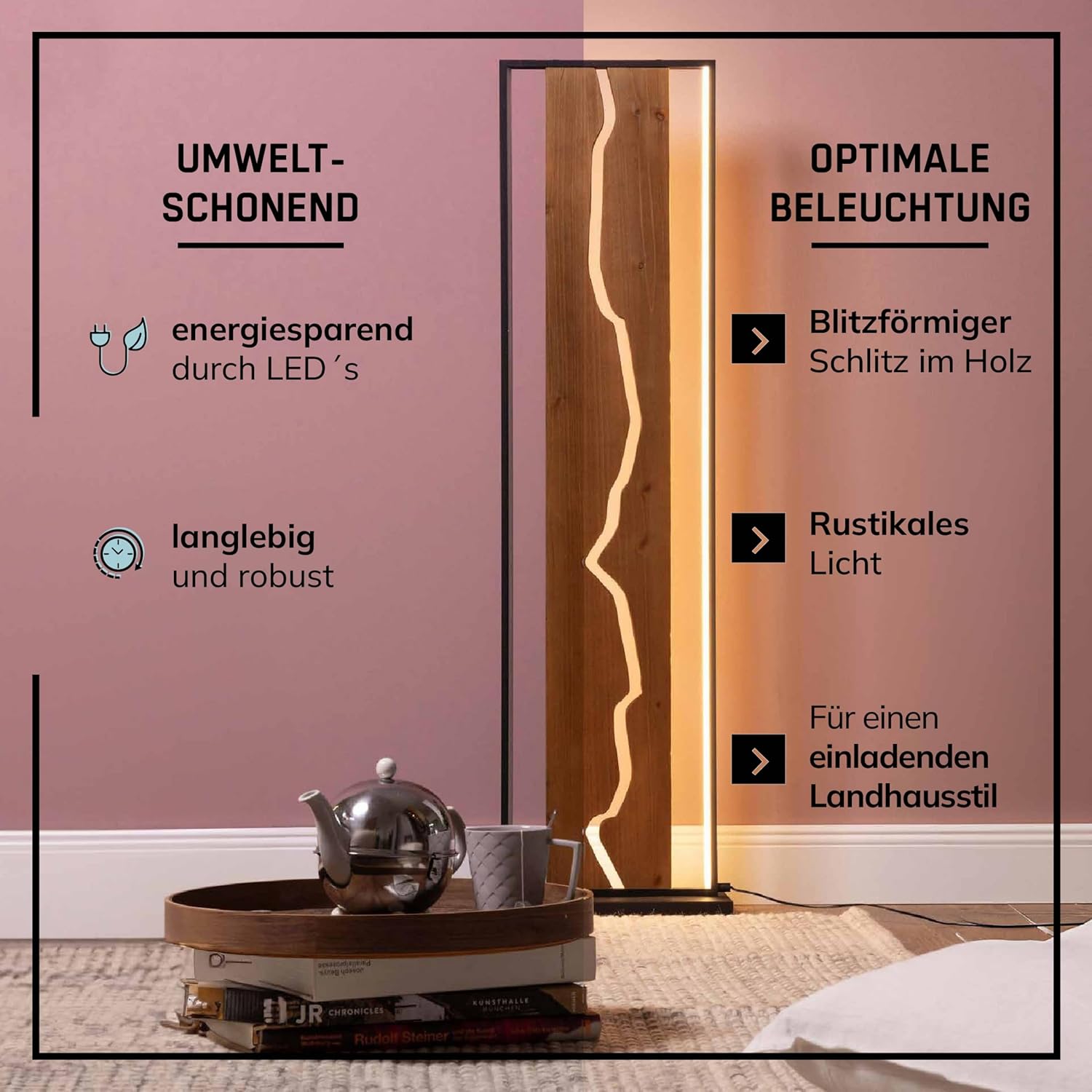 Lightbox LED Stehlampe - Standleuchte mit rustikalem Holzbalken & Fußschalter - Lichtfarbe: 3000 K & Helligkeit: 2300 lm - 120 cm Höhe & 33 cm Länge - aus Aluminium/Metall/Holz in Schwarz/Holz