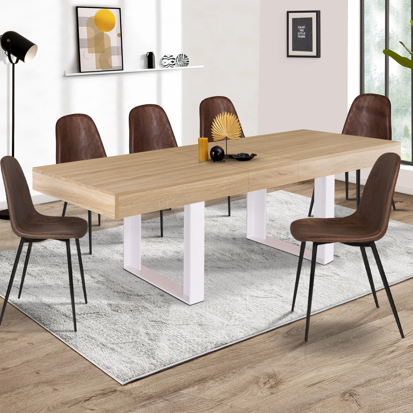 Table à manger extensible rectangle PHOENIX 4-8 personnes bois et blanc 160-200 cm