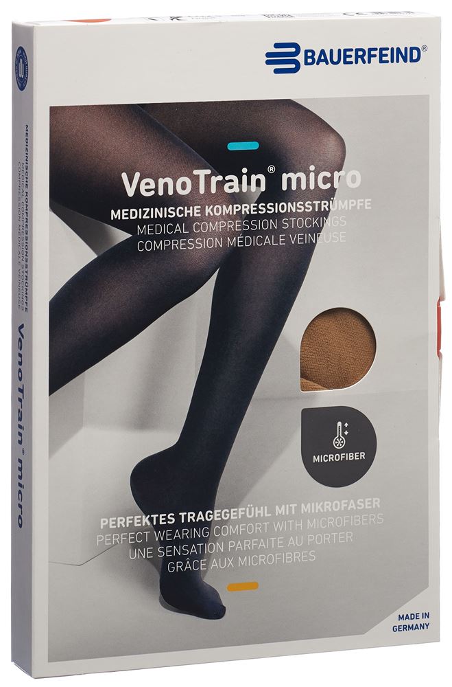 Bauerfeind VenoTrain Micro KKL2 AG S plus/short geschlossene Fussspitze Mikronoppenhaftband caramel 1 Paar