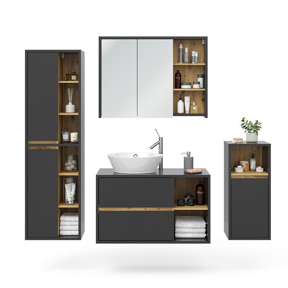 Vicco Badmöbel-Set Badezimmer-Möbel Bad-Schrank Viola Anthrazit Eiche modern Badezimmerschrank Waschtischunterschrank Spiegelschrank Midischrank Hochschrank Schranktür Schrankfach Ablage Aufbewahrung