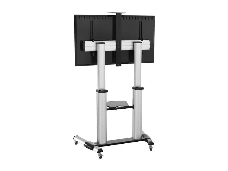 PureMounts TV-Trolley PDS-0011C Schwarz/Silber Rollbare Standhalterung mit Regalboden für Flachbildschirme von 55