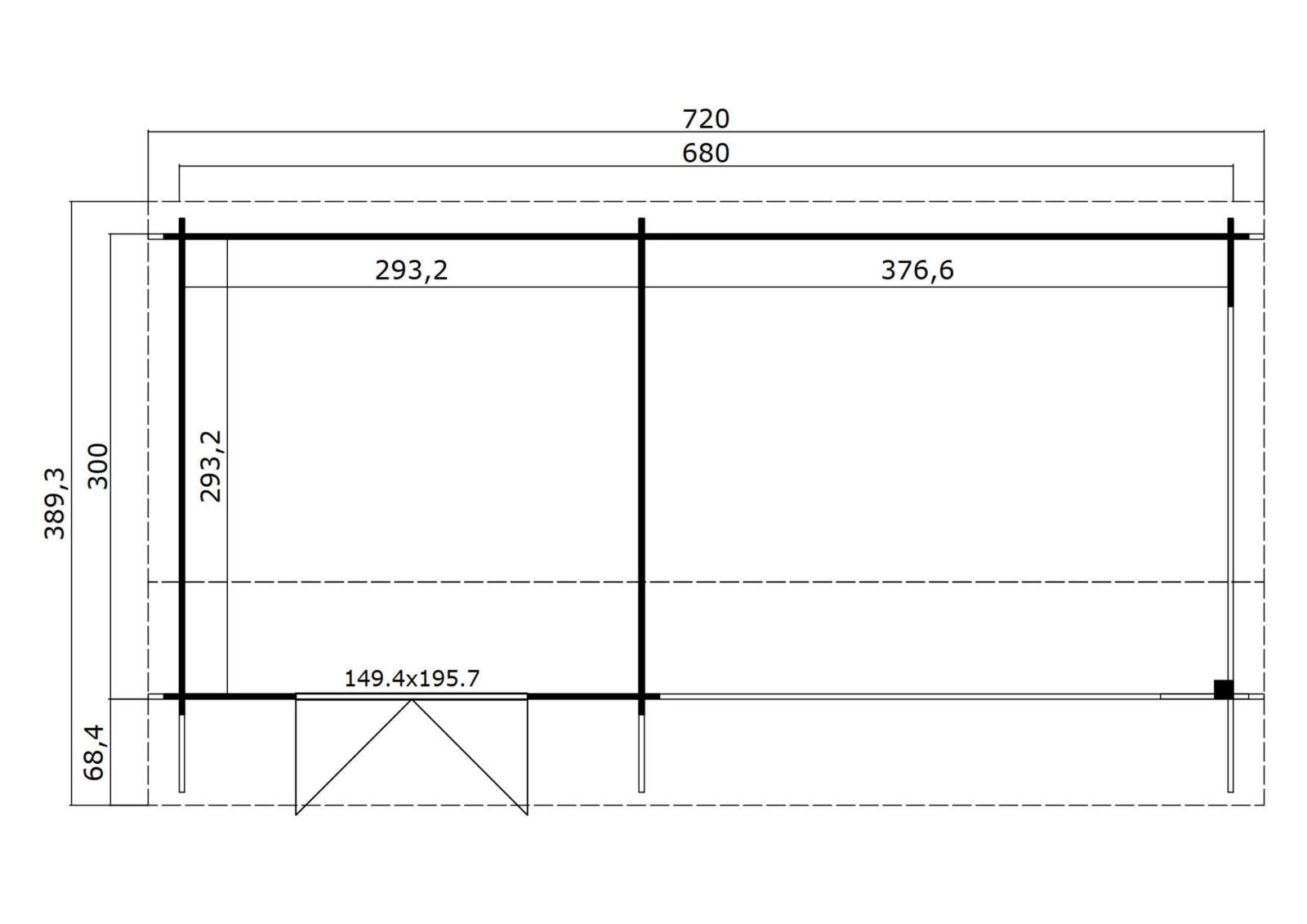 Blockbohlenhaus NEW YORK - gletschergrün - Fichte massiv - mit Anbau - 680x300 cm