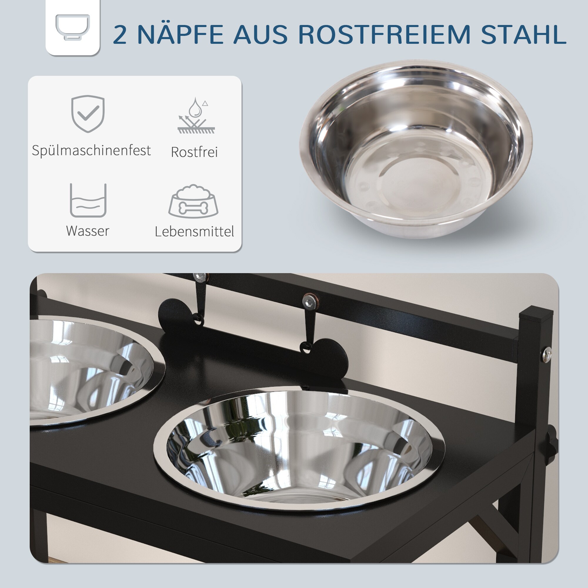 PawHut Futterstation mit individueller Höhenanpassung und selbst personalisierbarem Namensschild schwarz 40,5L x 22B x 39H cm