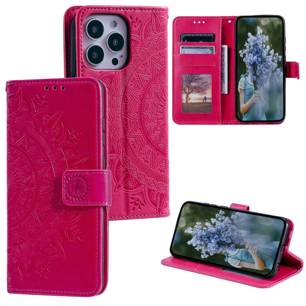 iPhone 15 Pro Max Leder Tasche Wallet - Mandala Flowers Imprint - Rot / Pink