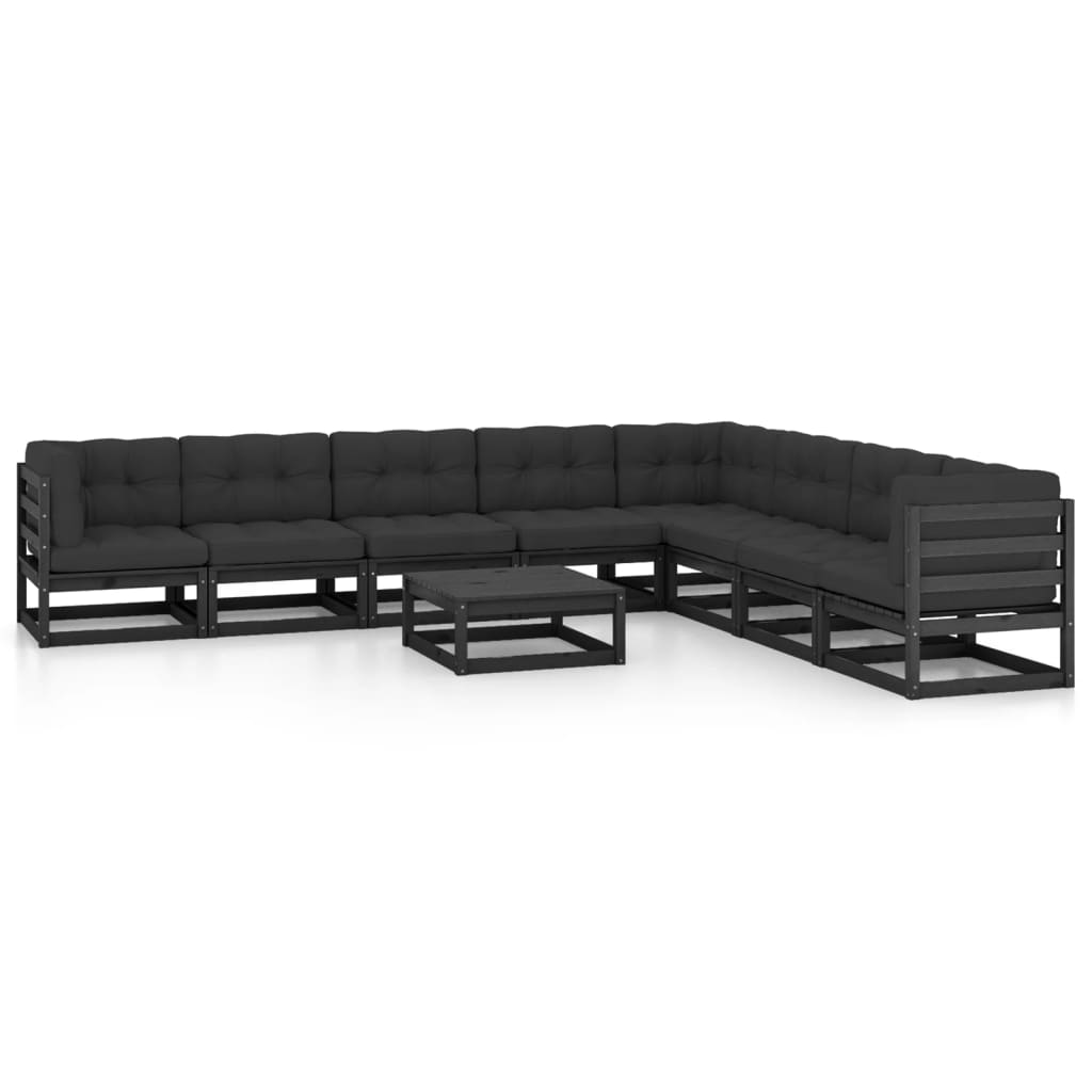 Salon de jardin meuble d'extérieur ensemble de mobilier 9 pièces avec coussins noir bois de pin massif