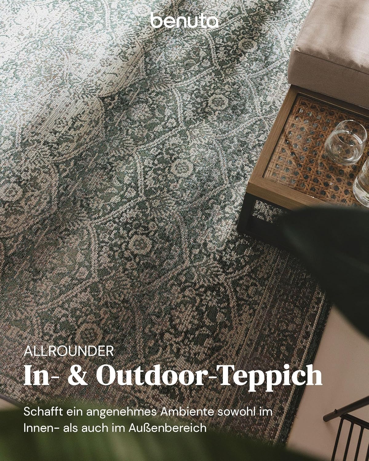 benuta Nest In- & Outdoor Teppich Artis - Grün 160x235 cm - Strapazierfähig für Balkon, Terrasse, Garten - Küchenteppich & Wohnzimmerteppich - Botanical, Floral, Shabby Chic, Vintage, Abstrakt