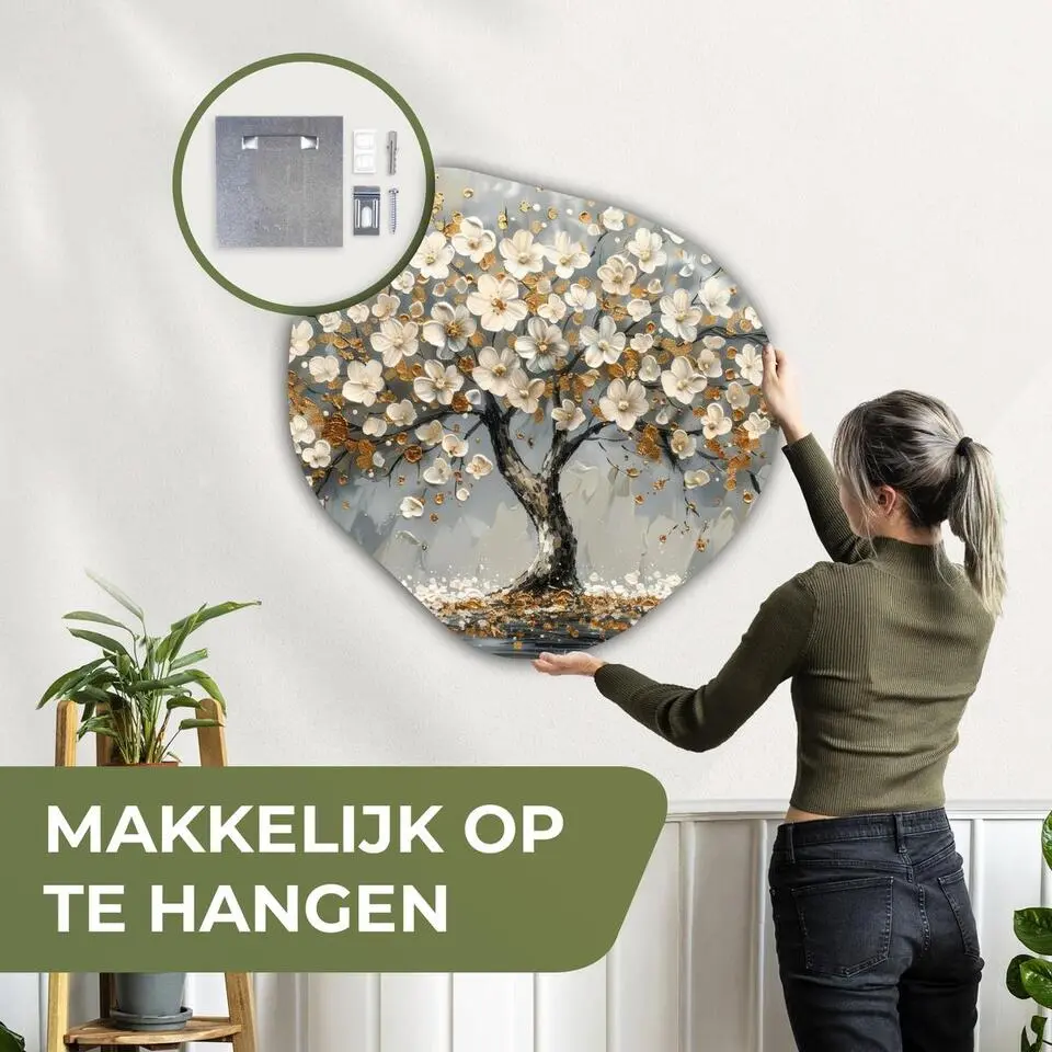 MuchoWow Wand decoratie 90x90cm Boom Goud Bloemen Abstract