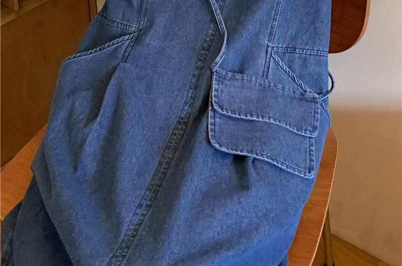 Bakli - Blouse met pofmouwen / Maxi-jurk van denim met ronde hals / Heuptas / Set