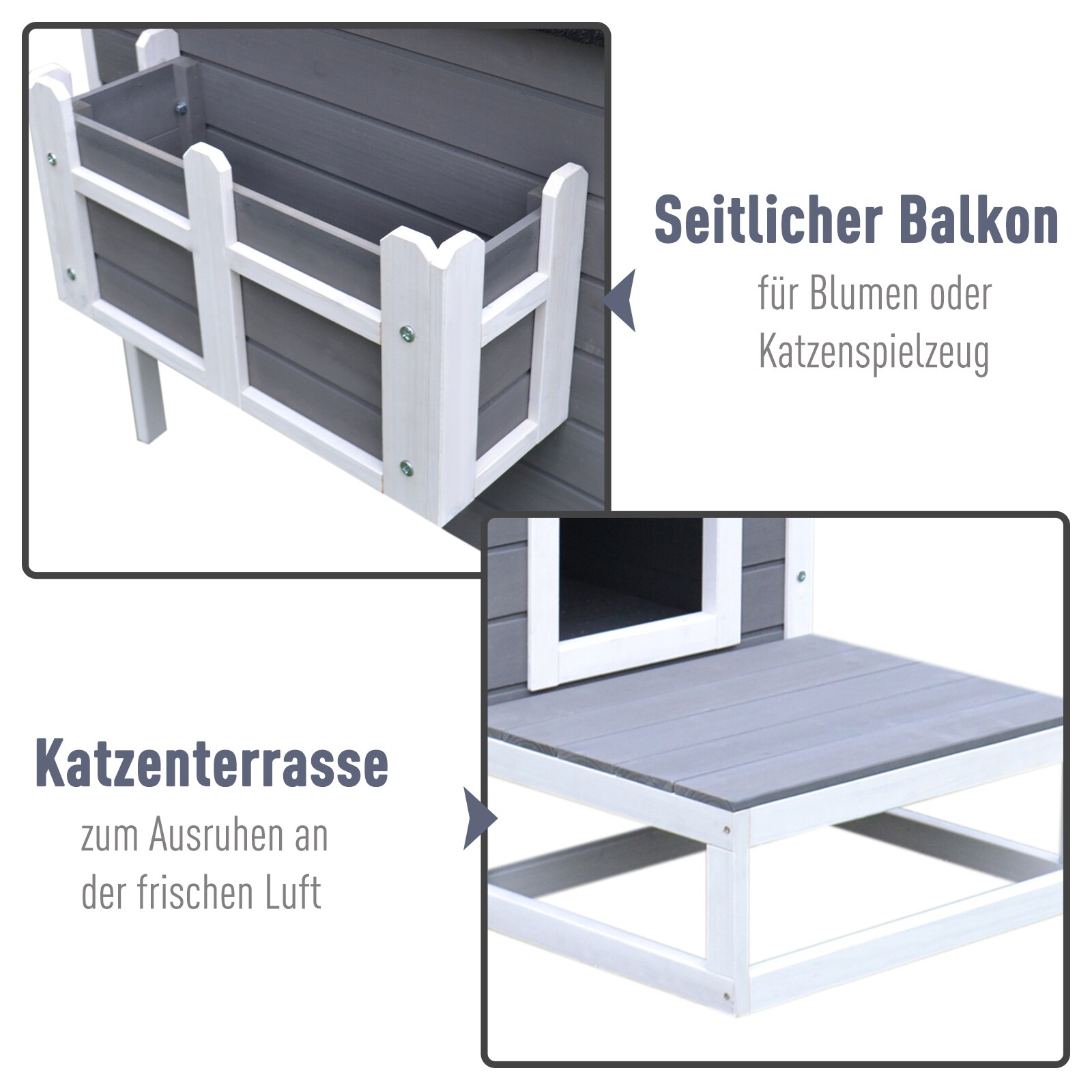 PawHut Katzenhaus mit Terrasse und Balkon grau, weiß 115 x 66,5 x 74,7 cm (LxBxH)