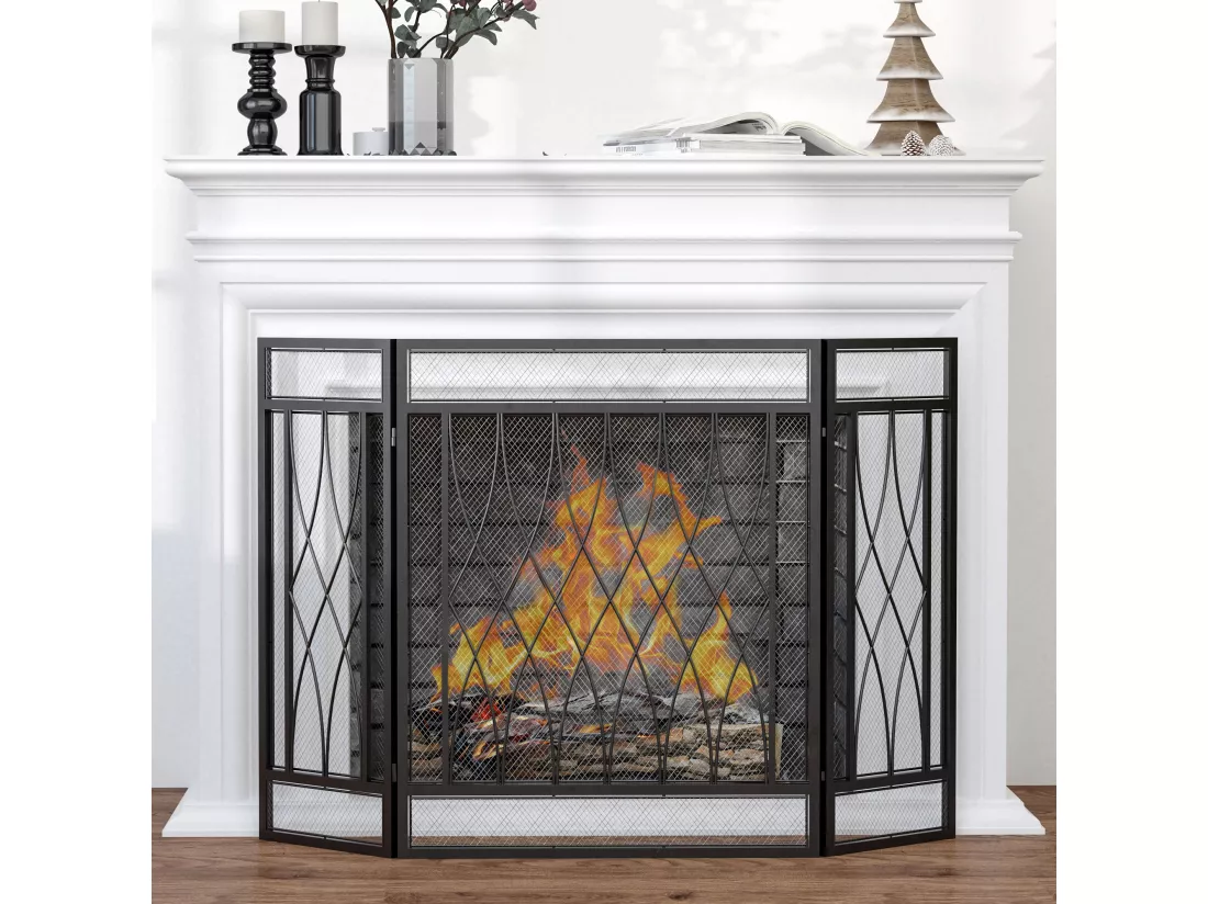 Grille de protection pour cheminée - pare-feu large pour cheminée ou poêle - pare-étincelles - barrière de sécurité - 3 volets pliables - métal noir