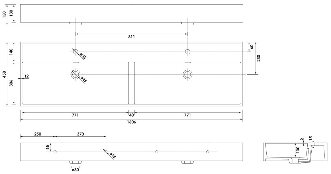 Brauer Gravity dubbele wastafel mineraalmarmer 160cm met 2 kraangaten wit glans