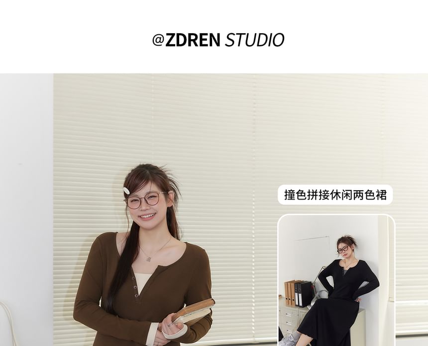 Zeedaren - Plus Size Lange Mouwen Mock Two Piece Button Maxi A-lijn Jurk