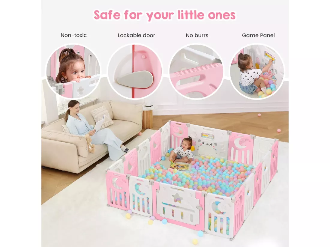 Parc Bébé 16+2 Panneaux,Barrière de Sécurité Portail Parc XXL,Grille de Protection en Plastiqu Ecologiques avec Porte,190x190cm,Rose