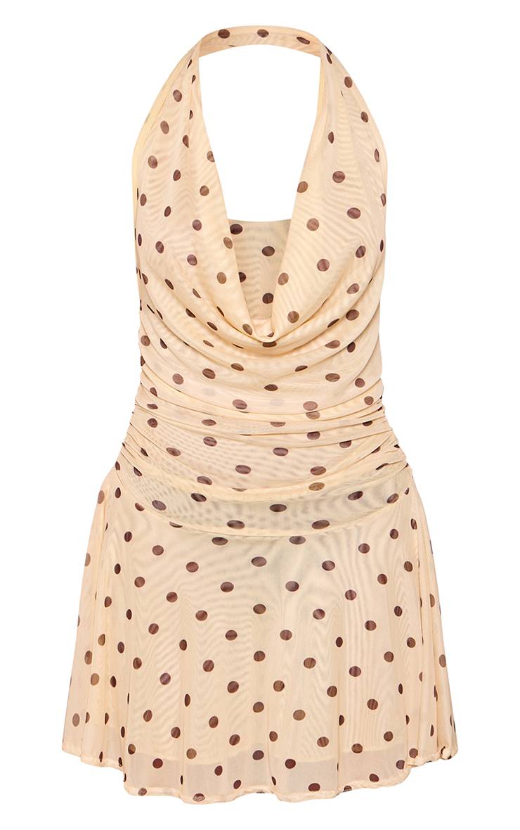 Jaune Mini Robe Droite À Pois Avec Encolure Américaine