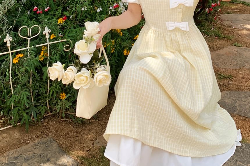 JVL - Mock Two-Piece Short-Mouw Bow Accent Midi A-lijn Jurk