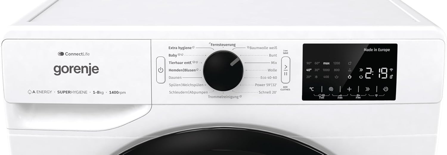 Gorenje WPNEI84A1TS Waschmachine mit Dampffunktion/ConnectLife / 8Kg / 1400 U/min / 15 Programme/Totaler AquaStop/WaveActive Trommel/ExtraHygiene/PowerWash/Schnell Waschgang/EEK: A-10%