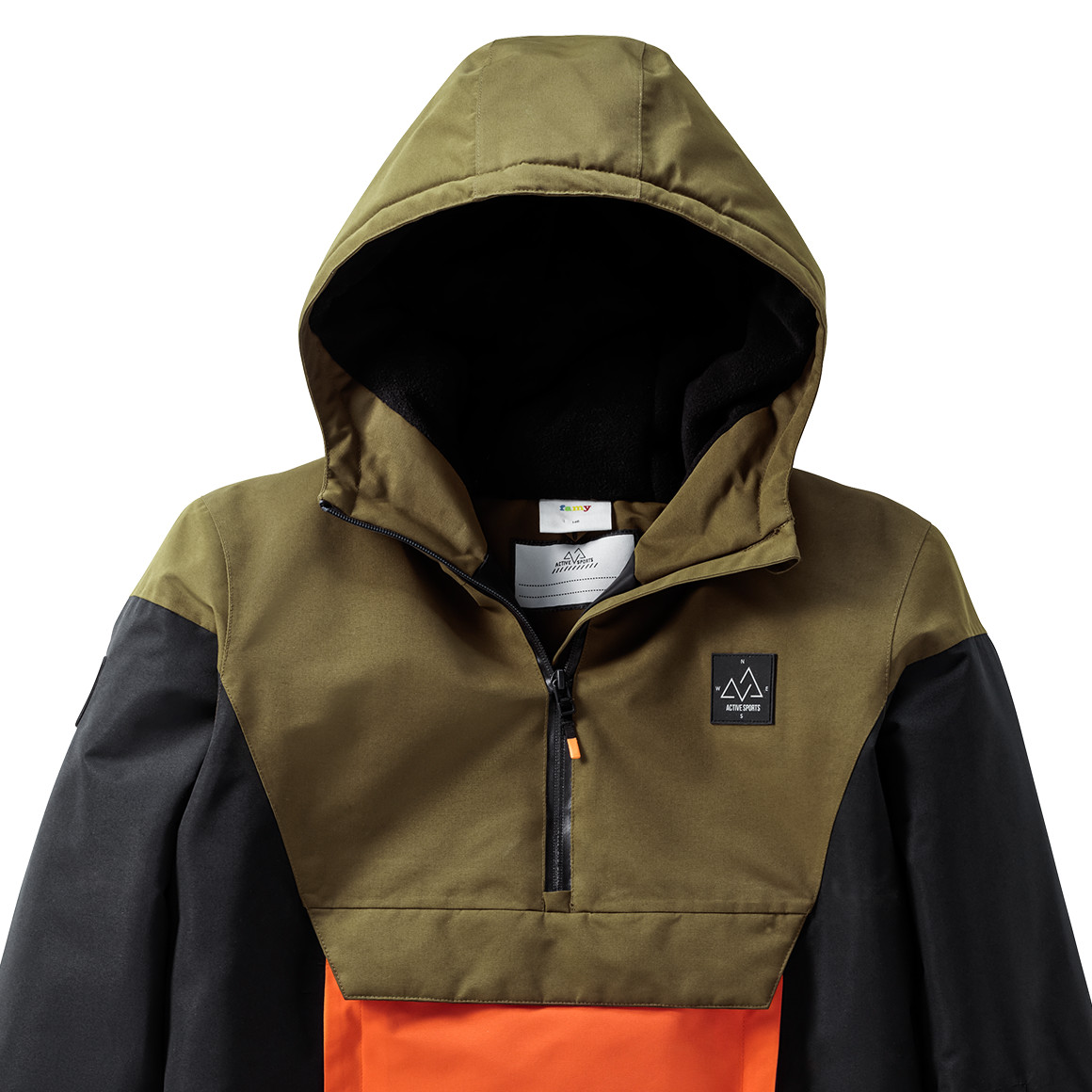 Famy Kinder Schneejacke mit Bauchtasche oliv / dunkelblau / orange