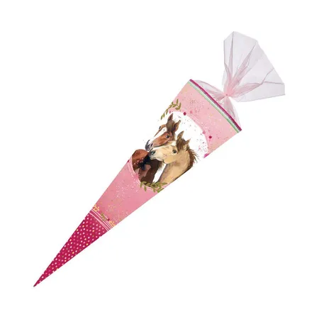 Nestler Schultüte Pferdefreunde 2 extra, mit Stoffblumen, Organzaverschluss 70cm rund