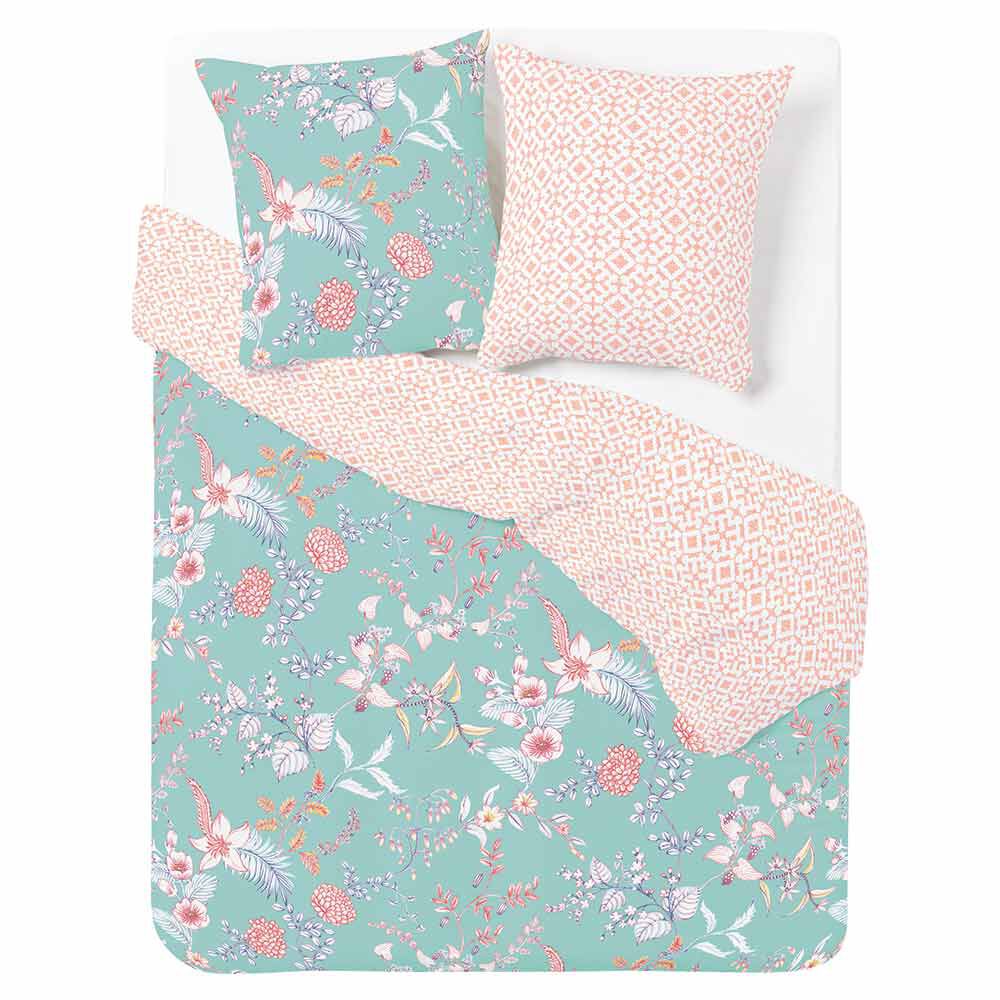 Parure de lit blanche et bleue motif floral 2 personnes