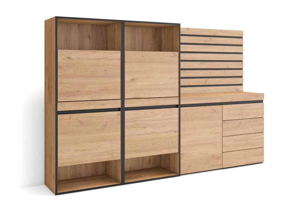 Meuble à Chaussures, 227x35x145 cm, Chambre à coucher, pièce, Commode, Buffet, Panneaux Muraux en Bois, Chêne