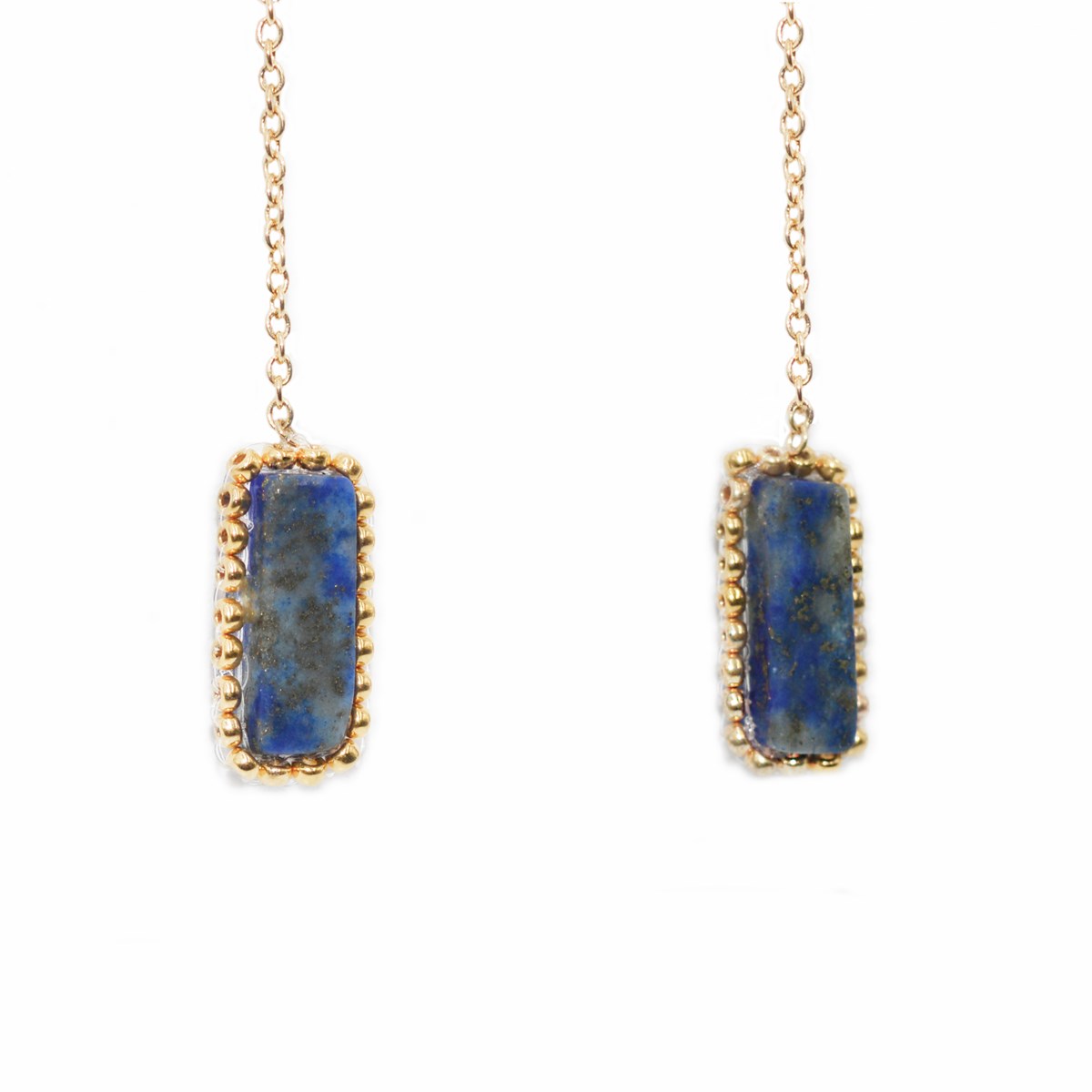 Boucles d'oreilles pendante perles tissées mains Lapis-lazuli -Doré à l'or fin