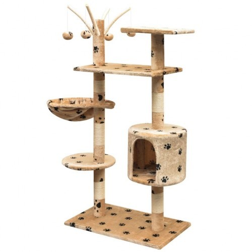 Arranhador para gatos com poste para arranhar, cinza, com pegadas de patas.