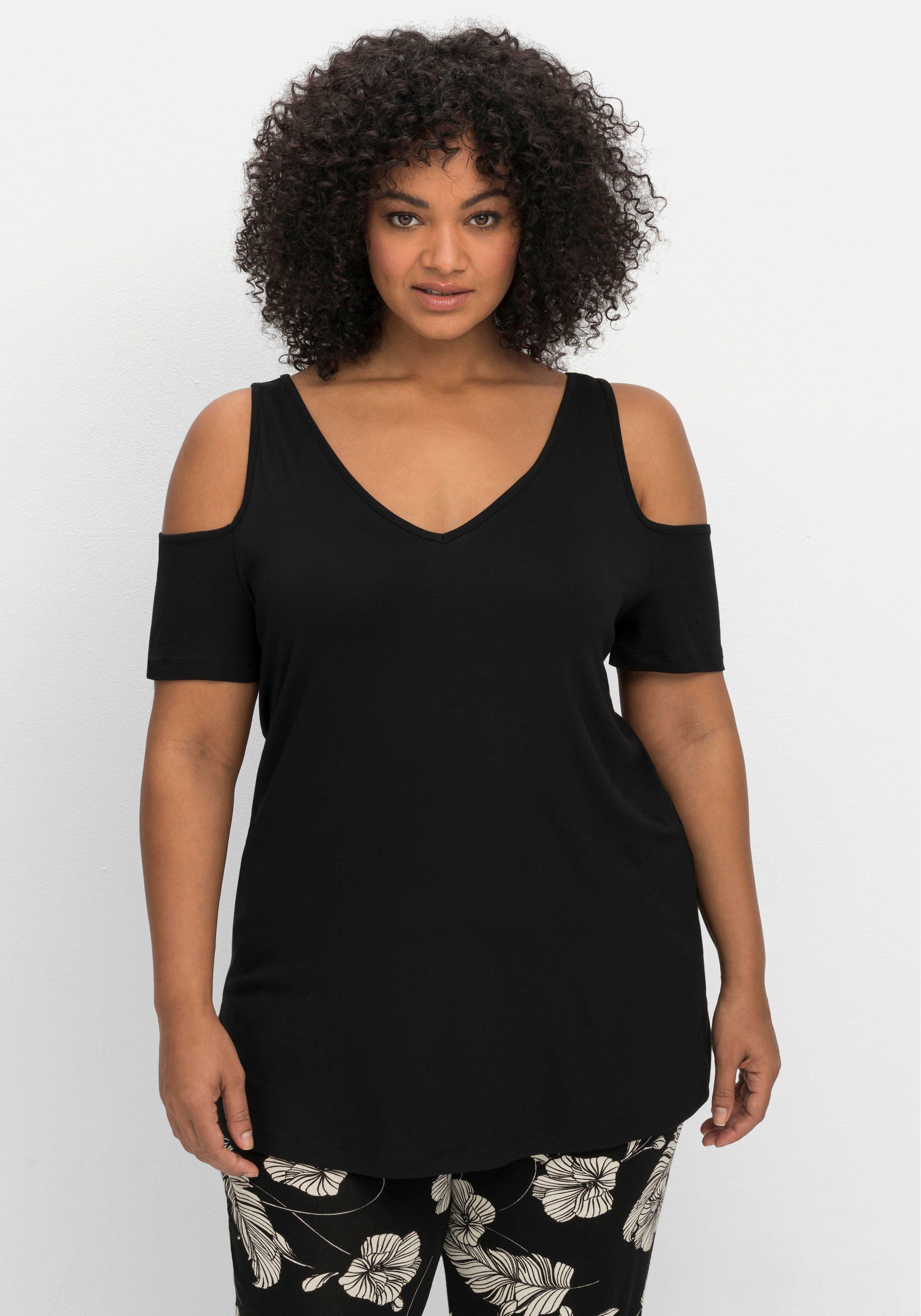 Jerseyhirt mit V-Ausschnitt, im schulterfreien Look
