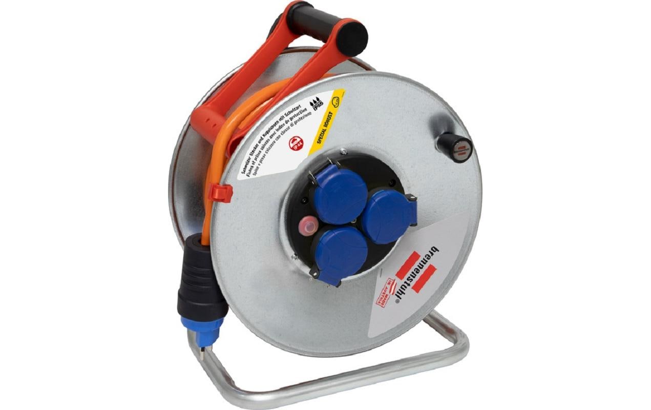 Baustellen-Kabelrolle Garant SK 290 25 m 3x T13<br>Kabeltrommel Garant SK 290, 3x T13 Steckdosen, 25 m langes Kabel, AT-N07V3V3F 3G2.5, verzinkt mit Überhitzungsschutz und Kontroll-Leuchte