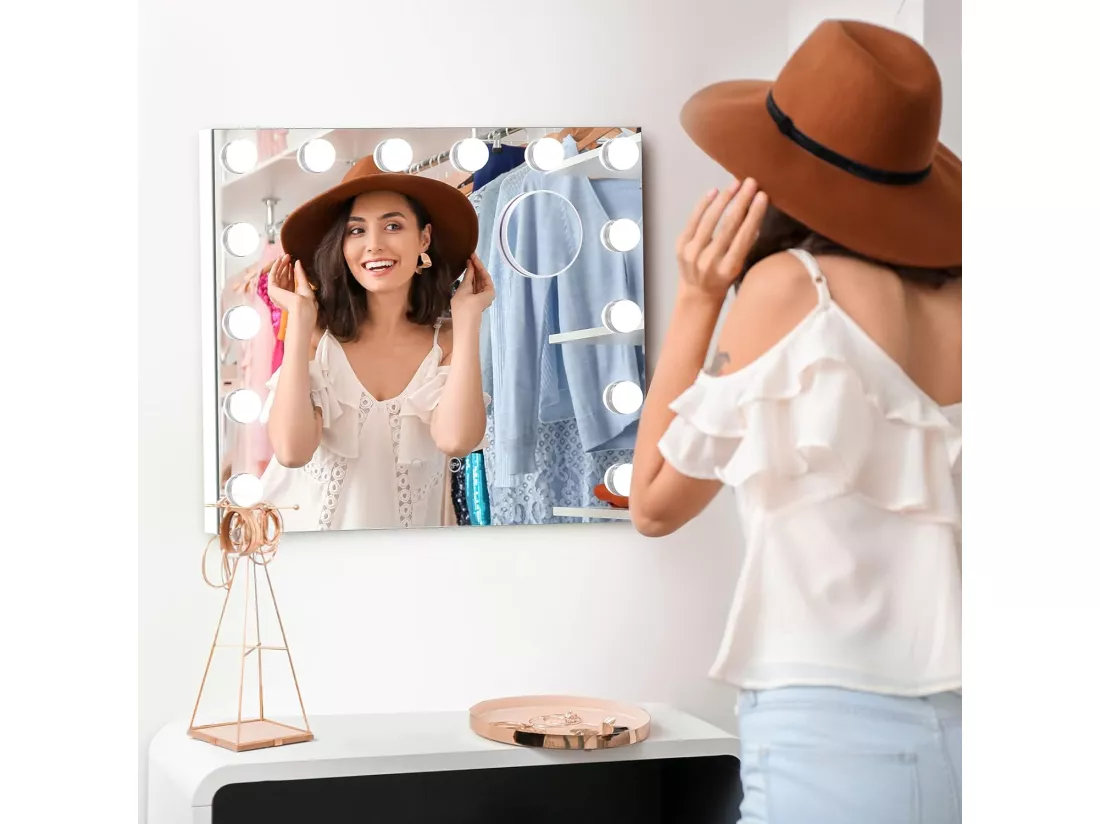Miroir Maquillage Lumineux,Miroir LED 14 Lumières Miroir Hollywood Miroir Coiffeuse Contrôle Tactile Miroir Lumineux 3 Modes Luminosité Réglable 50x42cm - Blanc