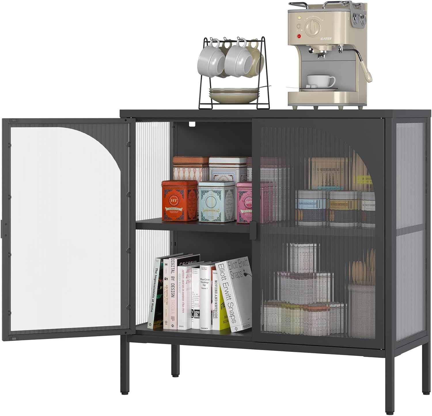Metallschrank mit Glastüren, Sideboard Küchenschrank, Glas Vitrine Schrank mit Verstellbarem Regal, Anrichte Schrank für Küche Esszimmer Wohnzimmer, 35T x 80B x 80H cm, Schwarz