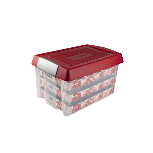 Kerst opbergbox Nesta 60L + verhoogd deksel met trays voor 60 ballen - transparant rood