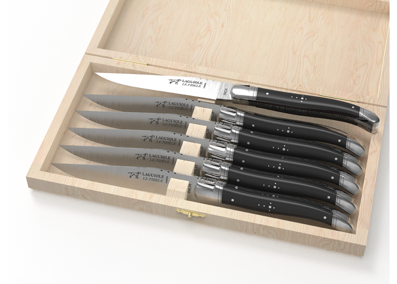 Service de 6 couteaux Laguiole avec un manche en bois d'ébène et mitres en acier inoxydable