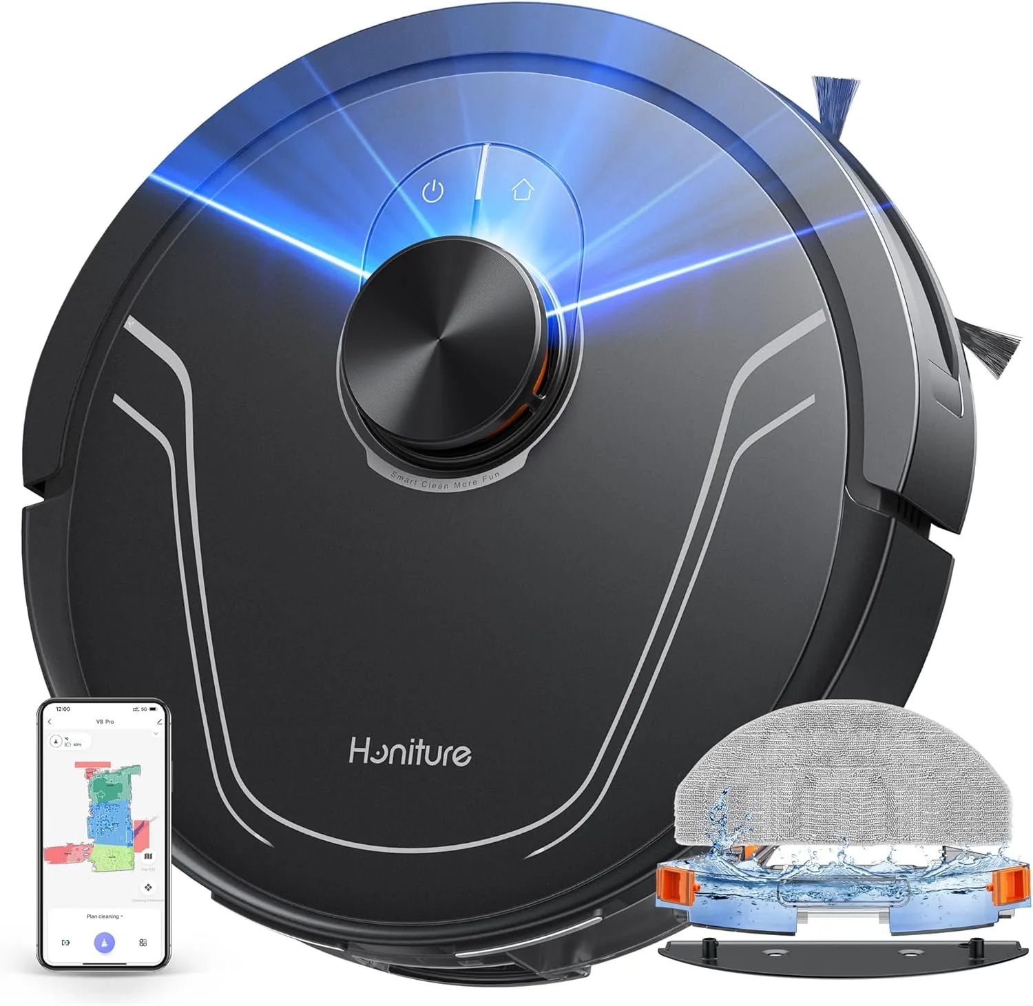 HONITURE Saugroboter mit Wischfunktion, 5000Pa Staubsauger Roboter,Karten speichern und bearbeiten,3-in-1-Roboterstaubsauger,APP/Alexa Steuerung,ideal für Hartböden und Teppiche mit Tierhaaren-V8 Pro