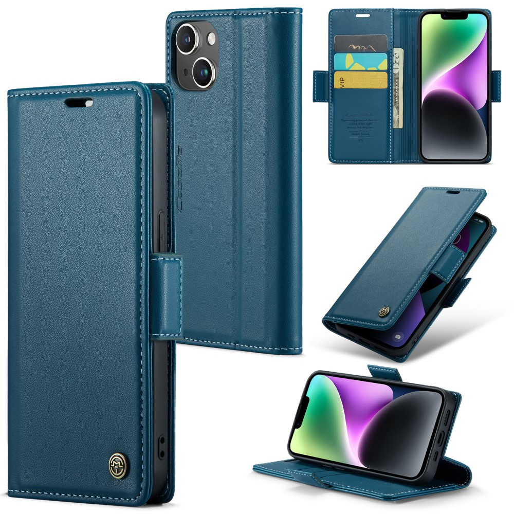 iPhone 14 Leder Tasche Flip Wallet Etui mit Kartenfächern Litchi Look (RFID Schutz) - Blaugrün